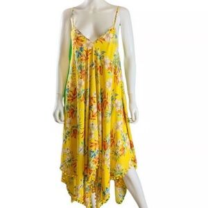 Japna Floral Asymmetrical Dress in Yellow and Blue
